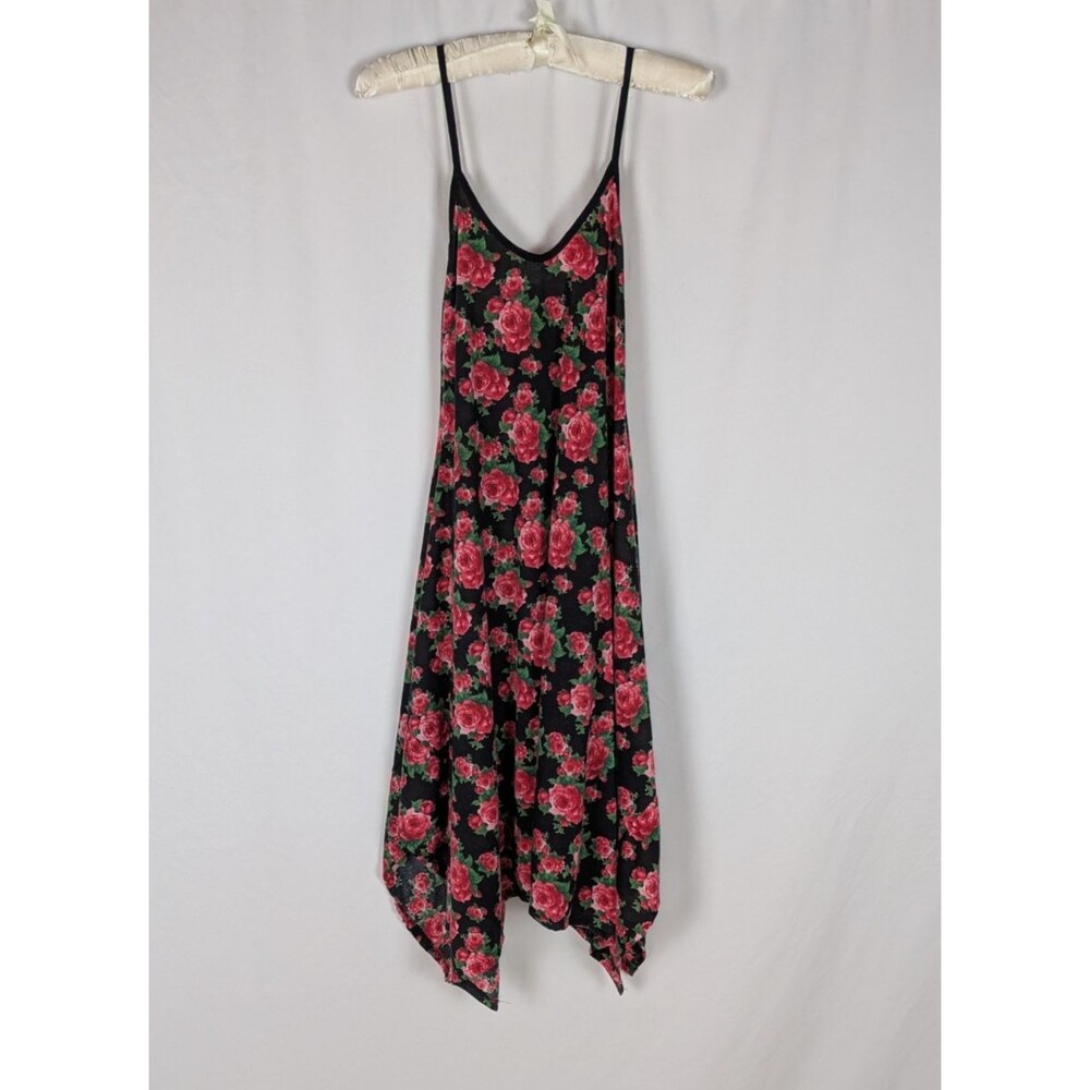 Canari Black Floral Spaghetti Strap Handkerchief Hem Midi Dress L Y2K Grunge